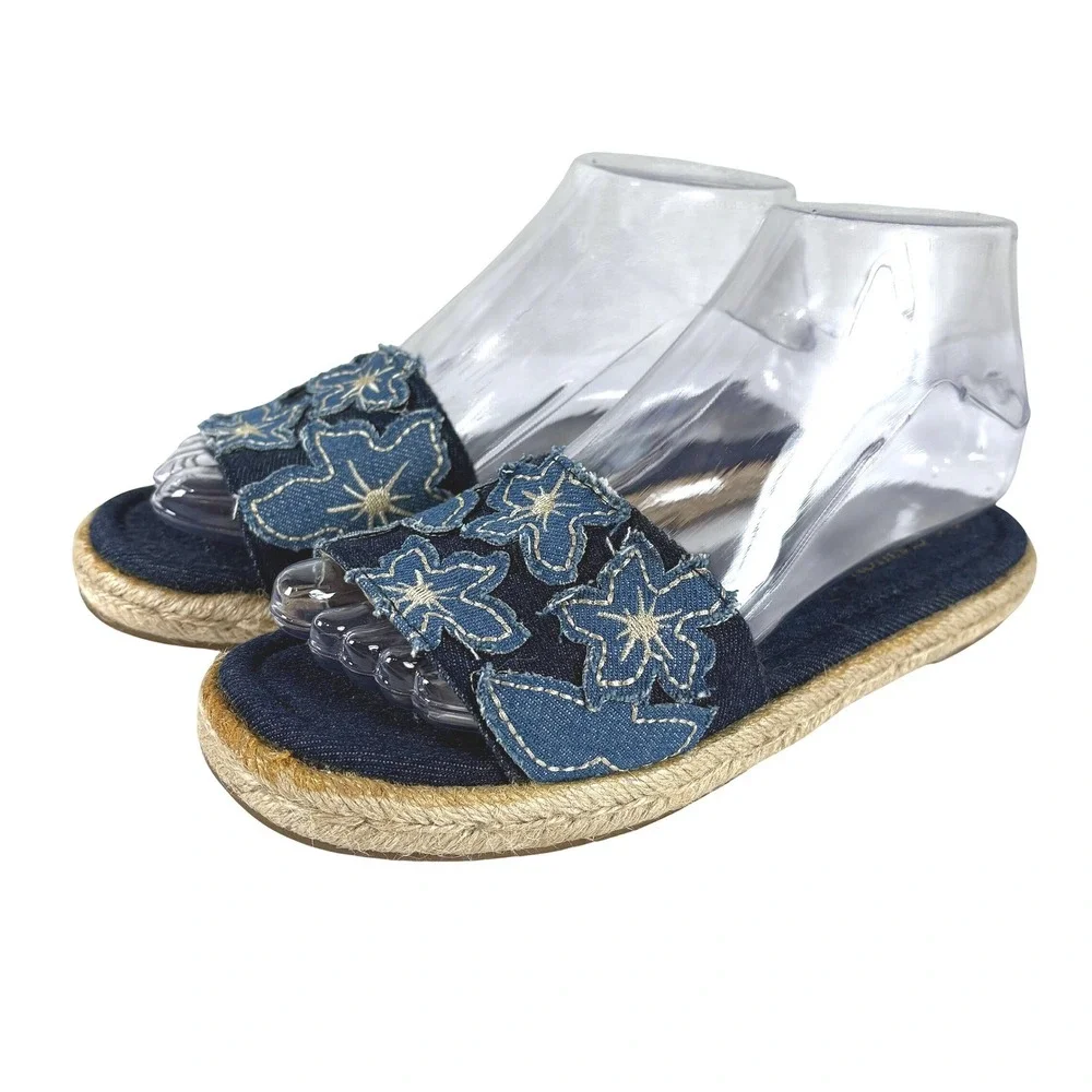 Cushion Walk by Avon Denim Floral Slide Sandals Espadrille Flats Blue Womens